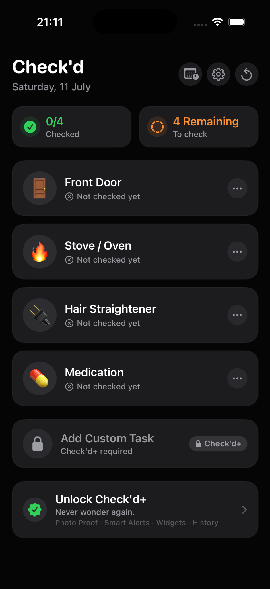 Check'd home screen showing four routines ready to check