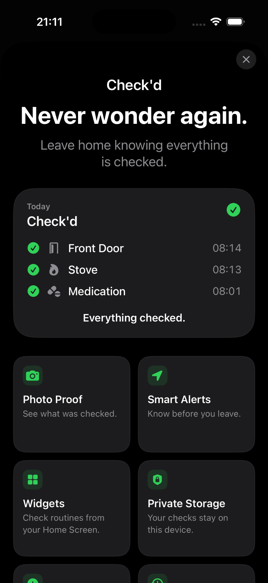 Check'd Plus screen showing Photo Proof, Smart Alerts, Widgets, and Private Storage